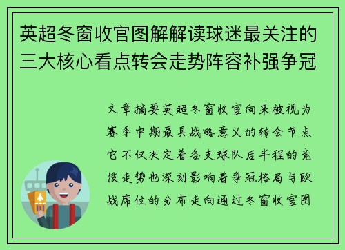 英超冬窗收官图解解读球迷最关注的三大核心看点转会走势阵容补强争冠